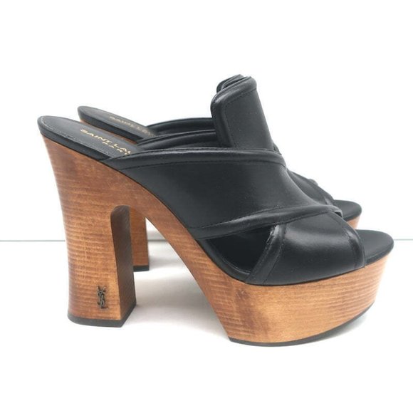 Saint Laurent Crisscross Platform Clog Sandals Black Leather Size 37 - Picture 2 of 11